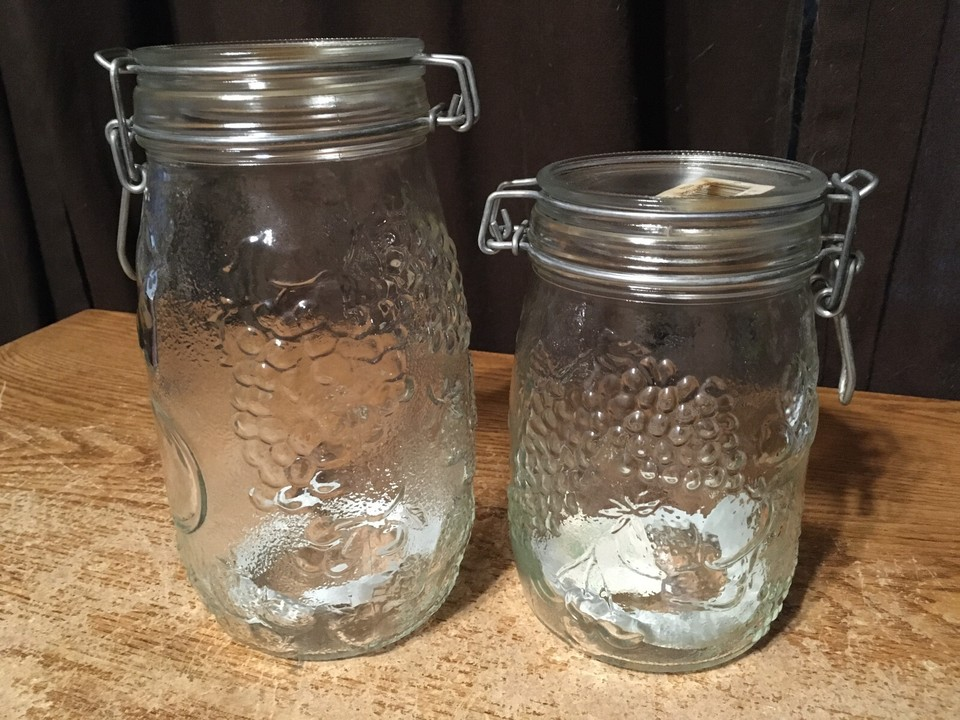 two Wheaton Glass Mason jars 1L & 1.5L embossed fruits