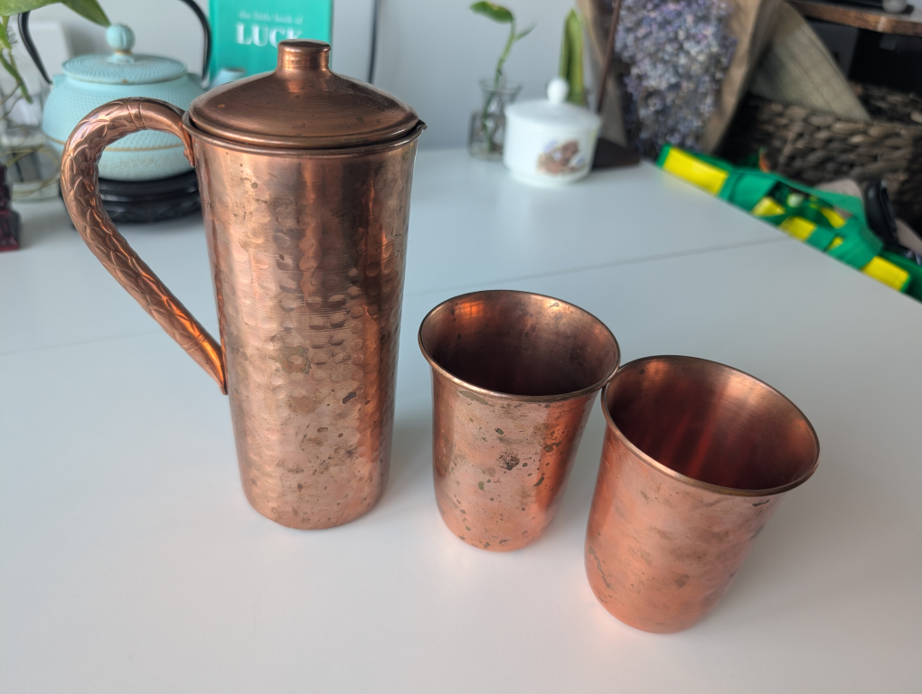 Copper Pitcher with Two Copper Cups