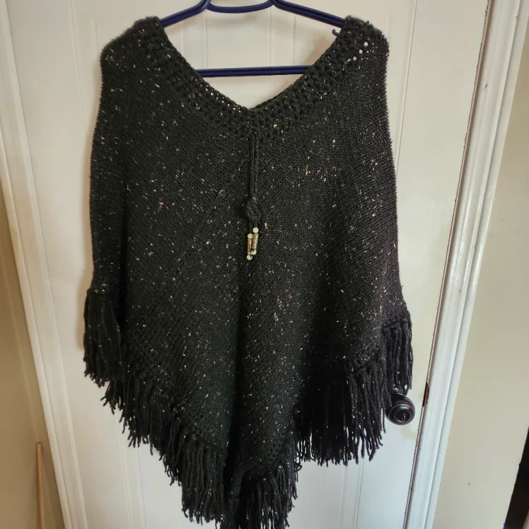 Handmade Knitted Poncho with Fringe - One Size thumbnail