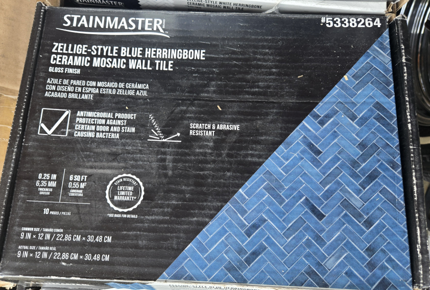 4 boxes of Stainmaster Zellige-Style Blue Herringbone Tile