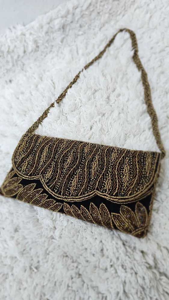 New Handcrafted Velvet Clutch - Elegant Gold Beaded Design image indicator(4)