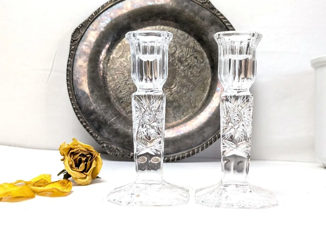 Crystal Candlestick Holders ~ Pinwheel Cut Crystal image indicator(3)