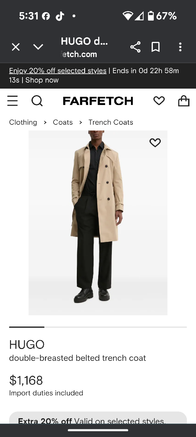 HUGO Double-Breasted Belted Trench Coat