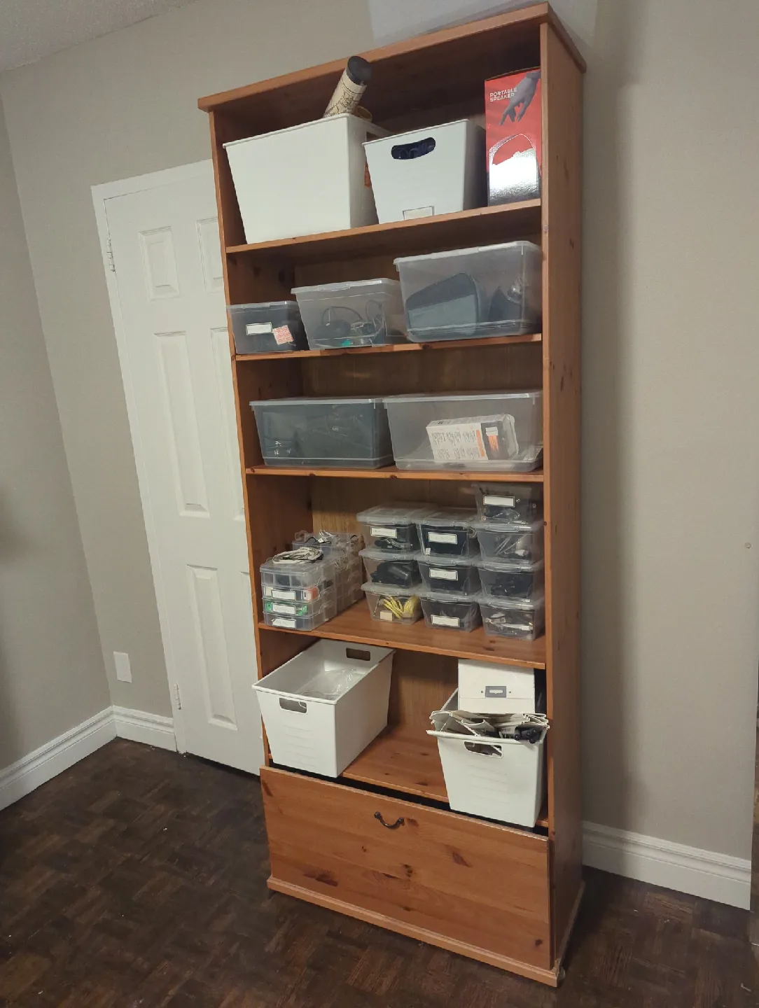 Wooden Bookcase with Bottom Drawer on wheels thumbnail