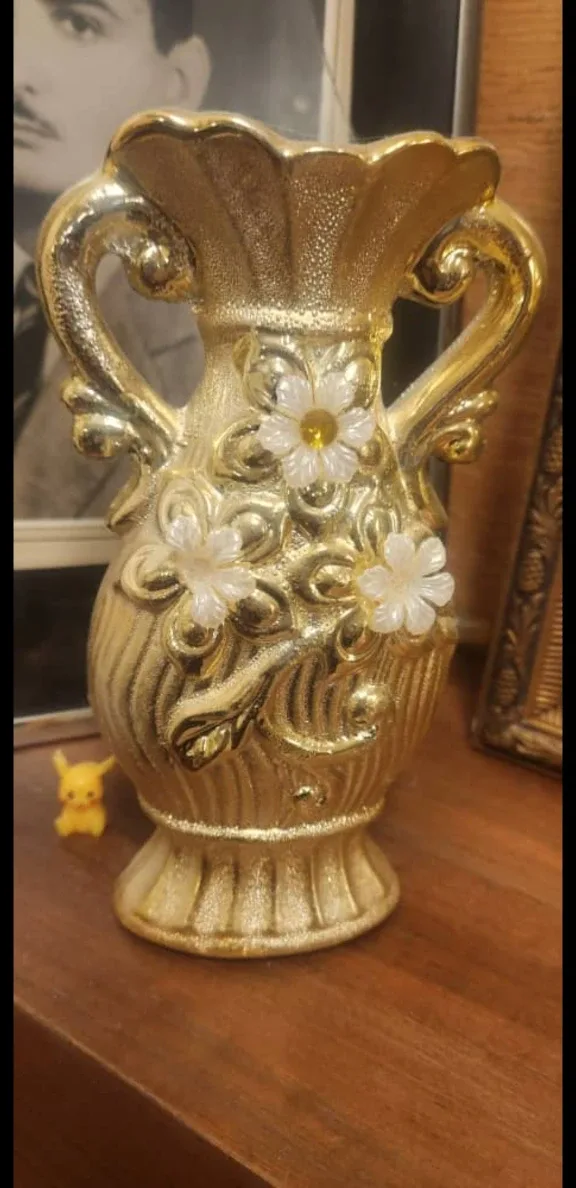 Gold Decorative Vase with Floral Accents thumbnail
