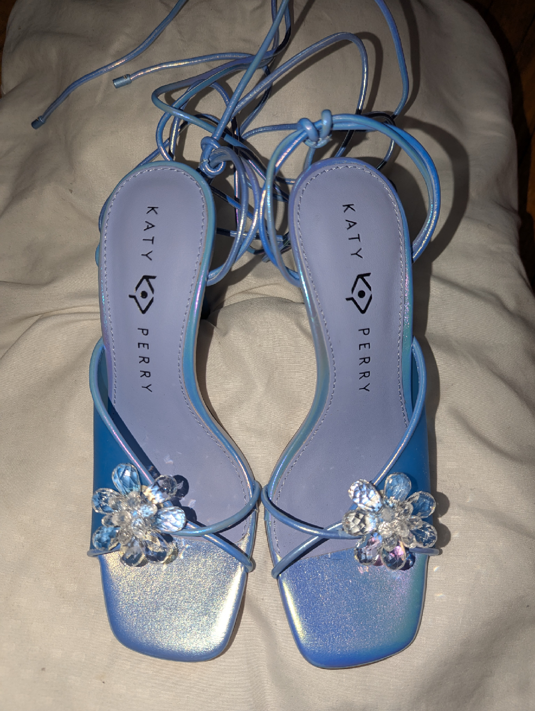 Katy Perry Blue Iridescent Heels with Flower Detail