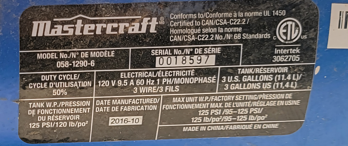 Mastercraft 058-1290-6 Air Compressor - 3 Gallon - photo 5