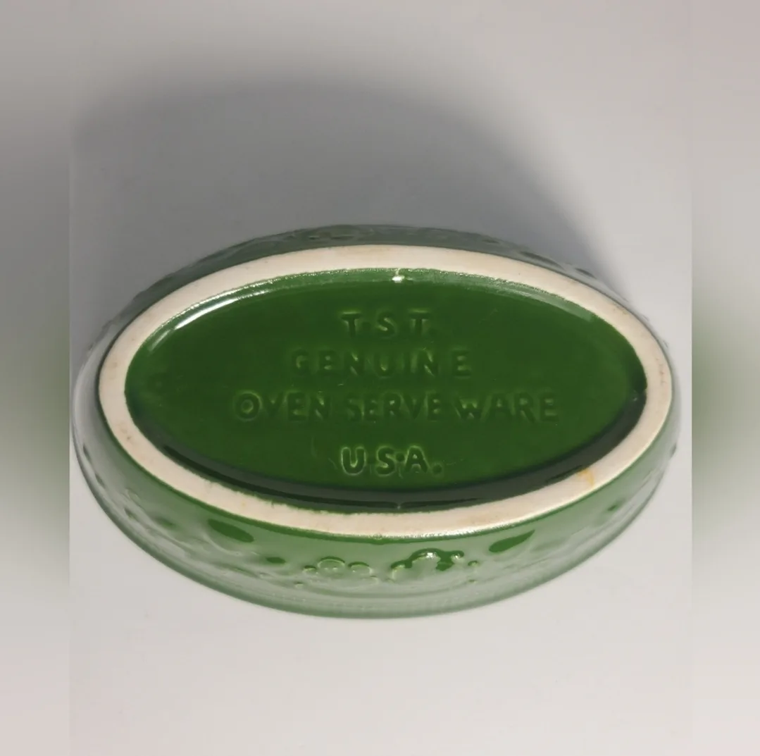 Vintage Genuine Glass Small Green Oval Bowl TST Serving USA image indicator(5)
