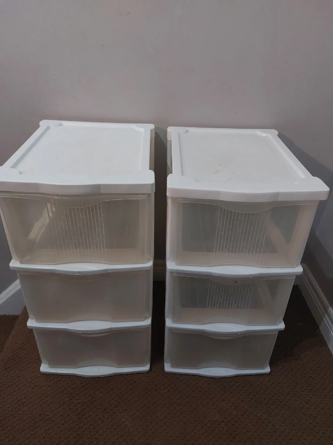 Two White Plastic 3-Drawer Storage Units thumbnail