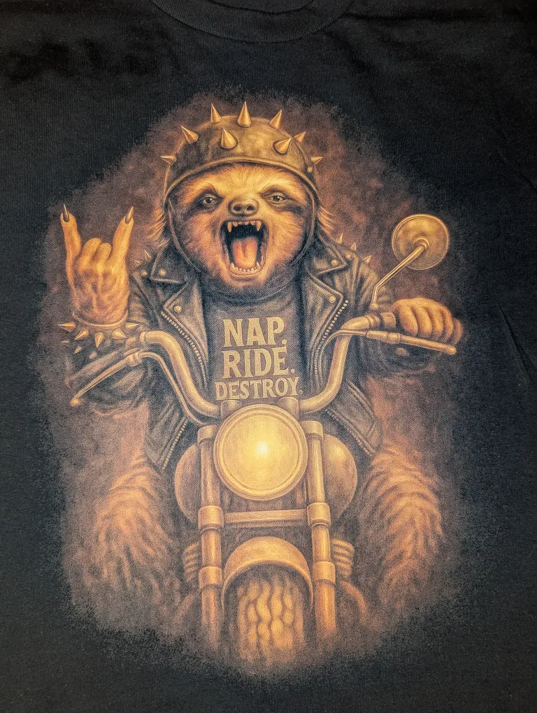 🔥 NEW ONLY 1 LEFT LARGE Biker Sloth T-Shirt | Nap Ride Destroy image indicator(2)