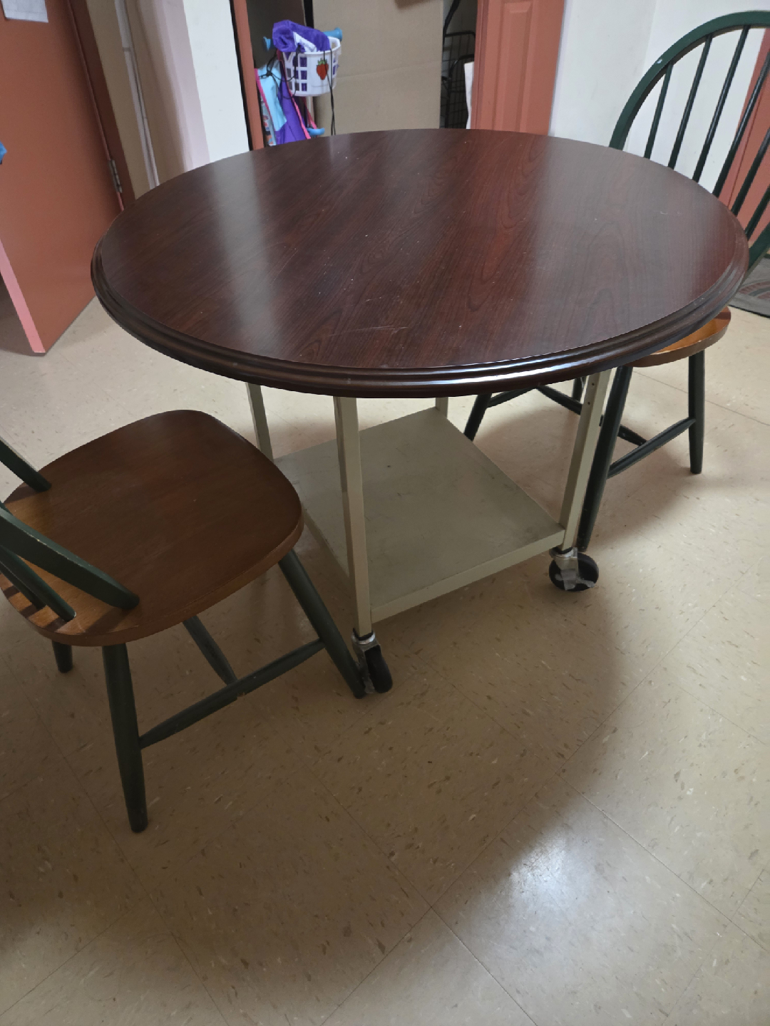 Round Wood Table with Two Chairs