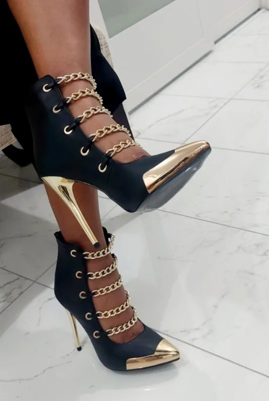 New - Black & Gold Chain Detail Heels - Size 8 thumbnail