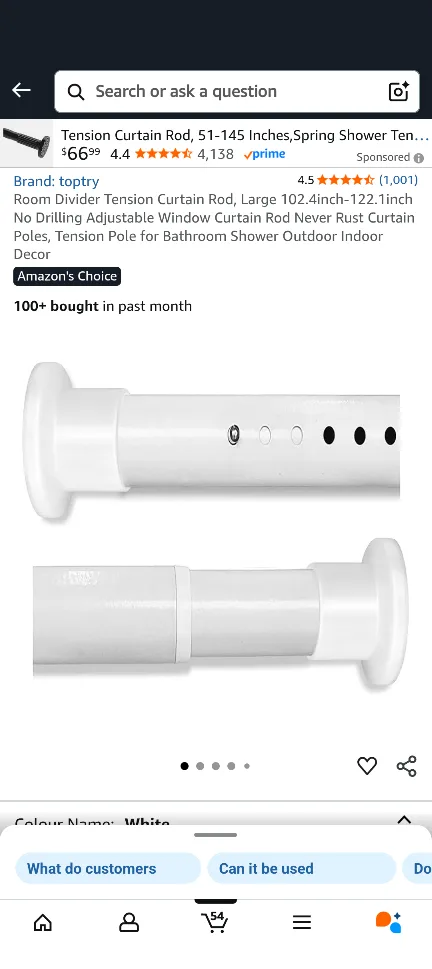toptry Tension Curtain Rod 51-145 Inches - White thumbnail