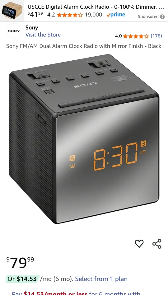 Sony FM/AM Dual Alarm Clock Radio with Mirror Finish - Black image indicator(2)