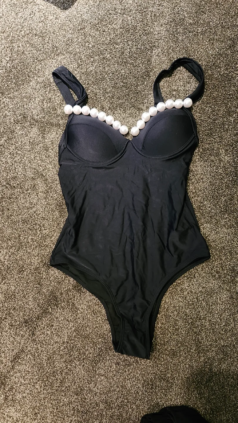 Black Swimsuit with Pearl Detail- size Medium thumbnail