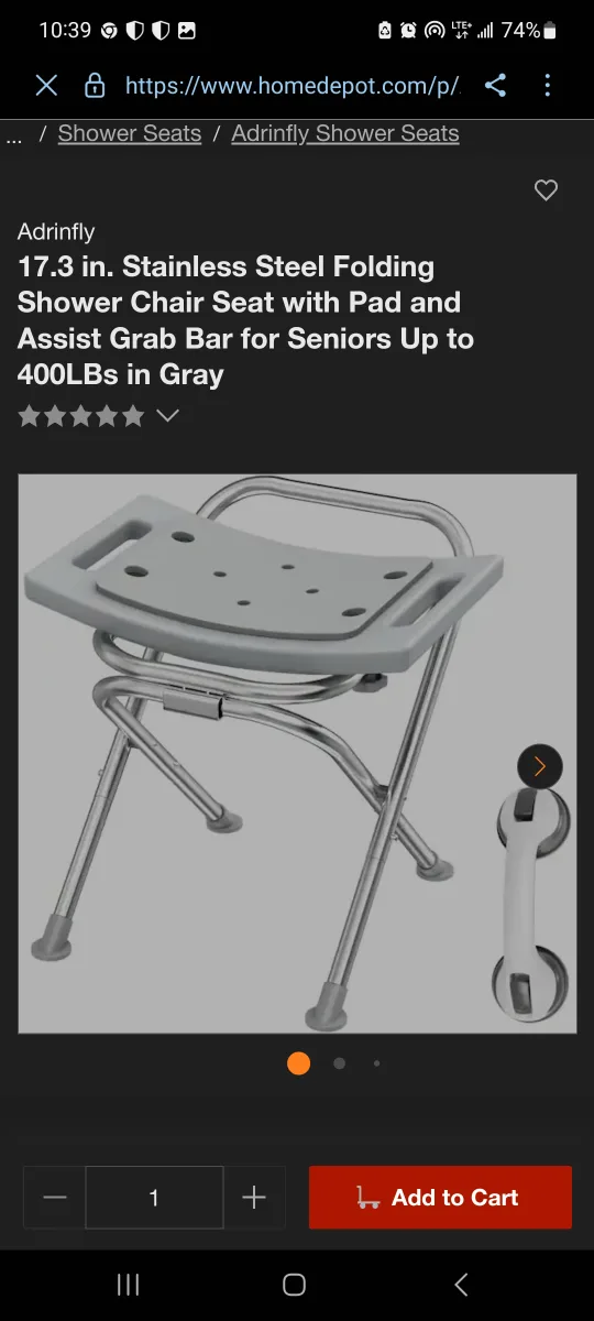 Adrinfly Folding Shower Chair with Grab Bar image indicator(2)