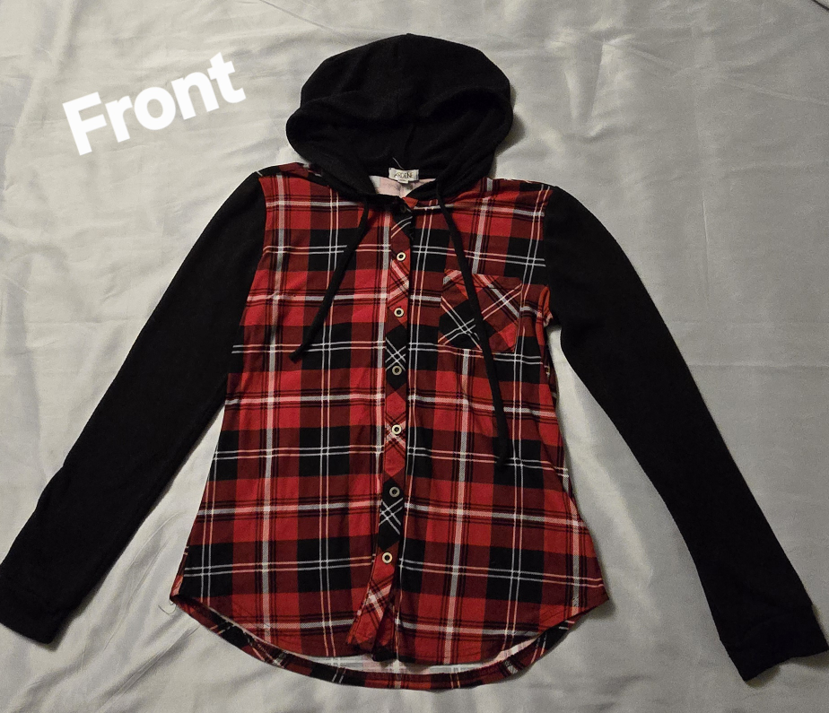 Womens Ardene Red & Black Plaid Hooded Shirt - SIze Medium