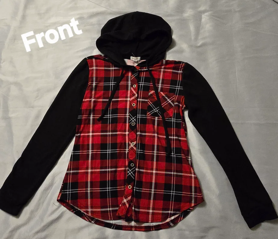 Womens Ardene Red & Black Plaid Hooded Shirt - SIze Medium thumbnail