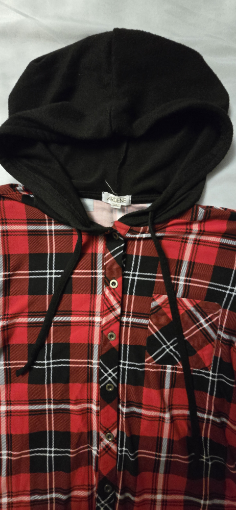 Womens Ardene Red & Black Plaid Hooded Shirt - SIze Medium - photo 2