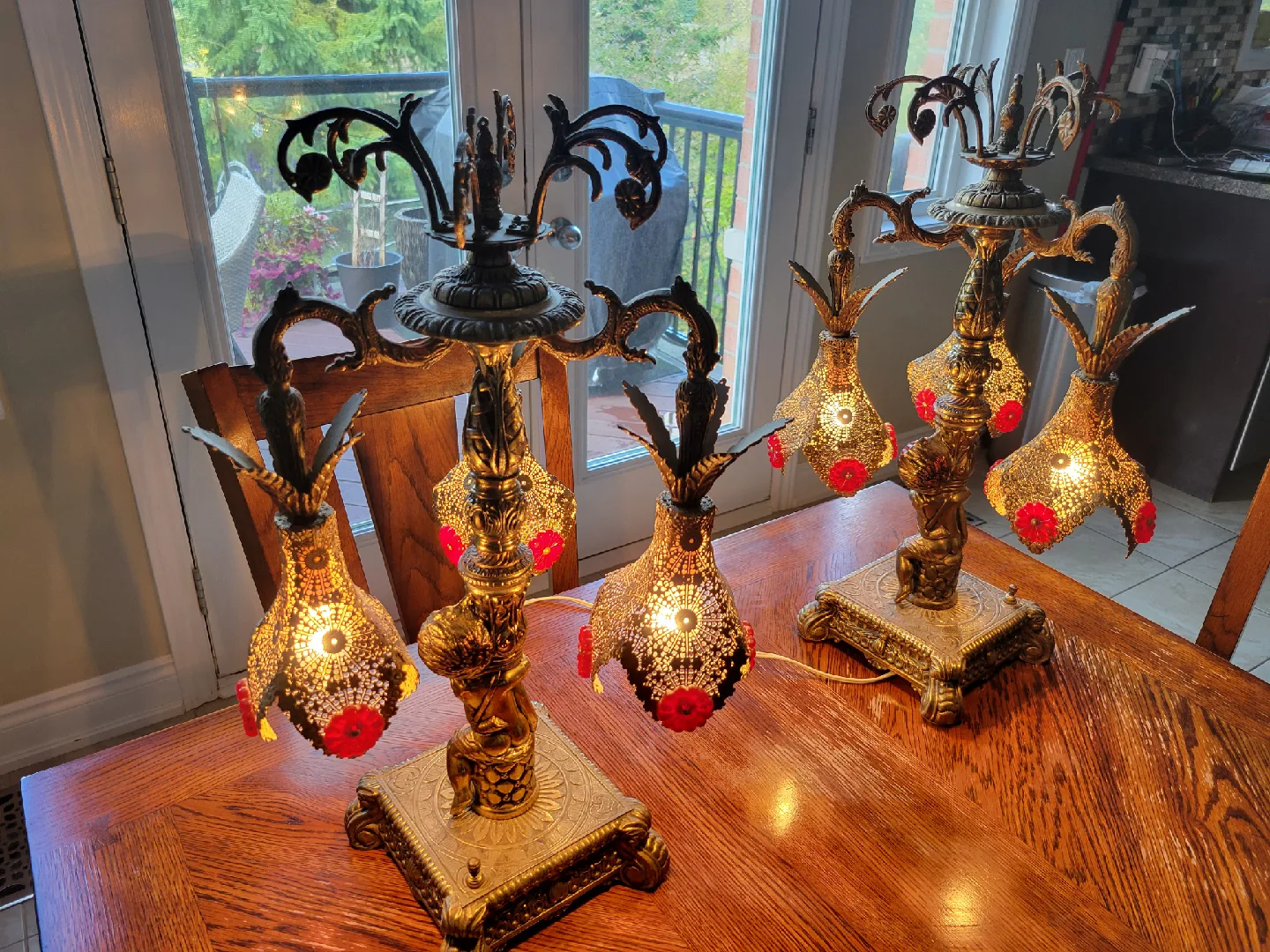 Pair of Hollywood Regency Style Brass Antique Table Lamps image indicator(7)