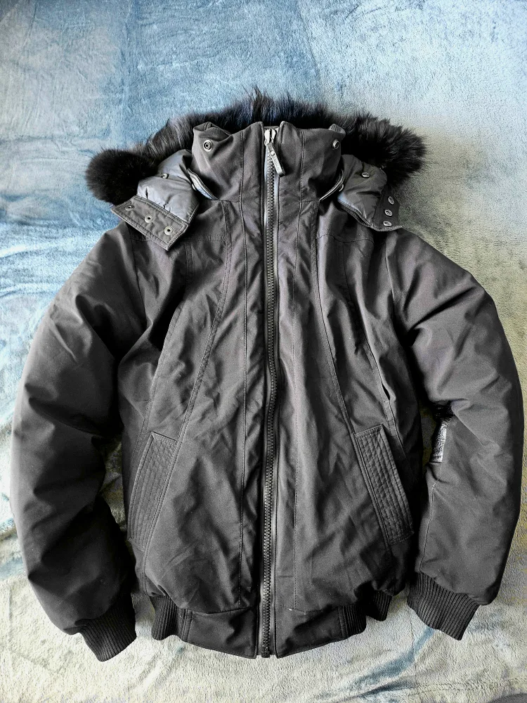 🇨🇦 Men's Black Down Bomber Jacket with Leather Trim (XS) thumbnail