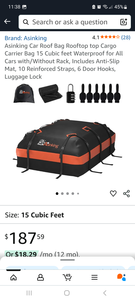 Asinking Car Roof Bag - 15 Cubic Feet brand new