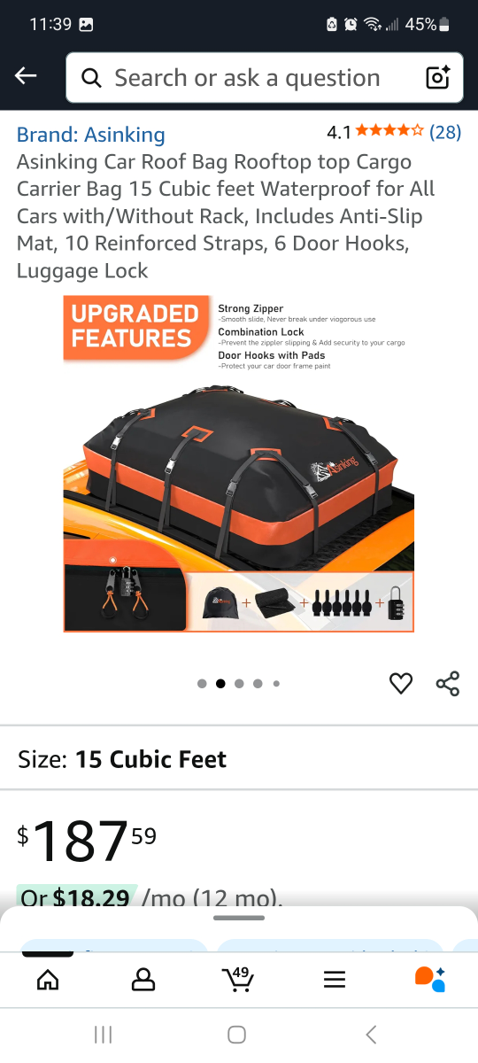 Asinking Car Roof Bag - 15 Cubic Feet brand new - photo 2