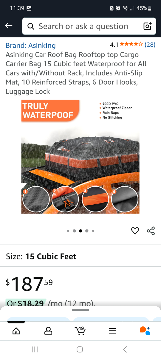 Asinking Car Roof Bag - 15 Cubic Feet brand new - photo 4