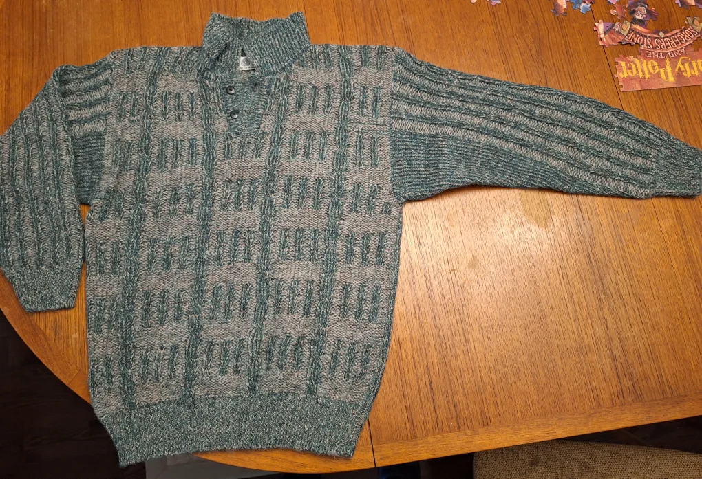 Vintage Knit Pure Wool Sweater - Green & Grey thumbnail