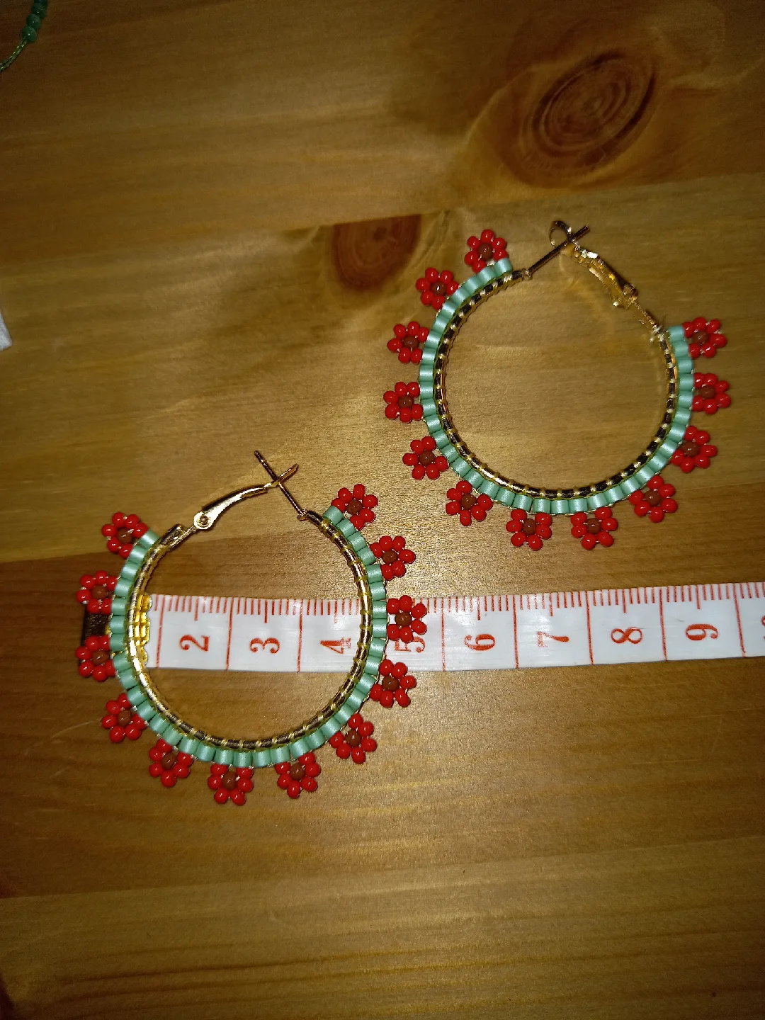 Handmade Beaded Hoop Earrings - Red & Mint image indicator(5)