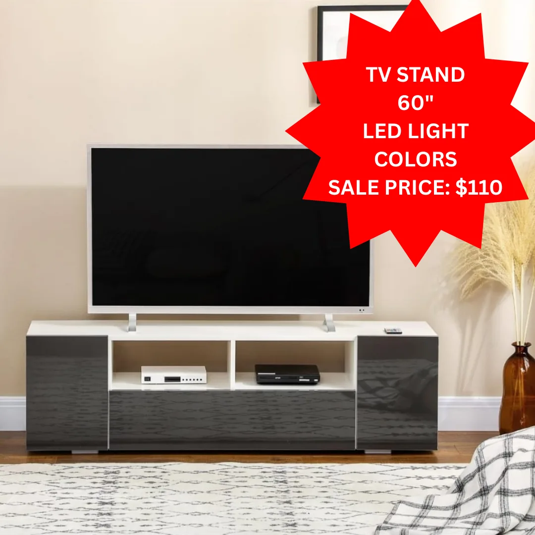 TV Stand 60" with LED Light, Black and White thumbnail