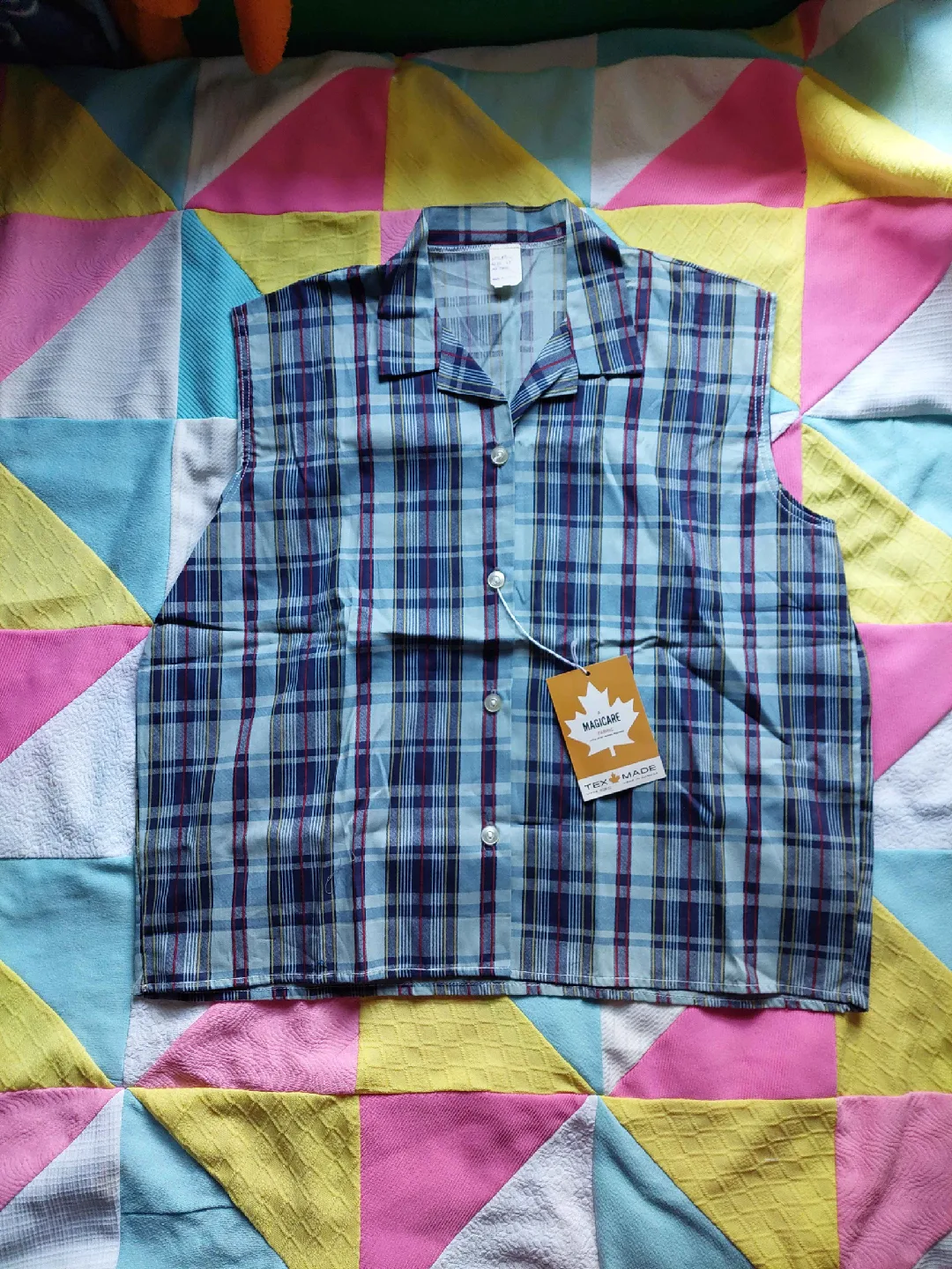 NWT vintage 70s blue plaid button-up tank top thumbnail