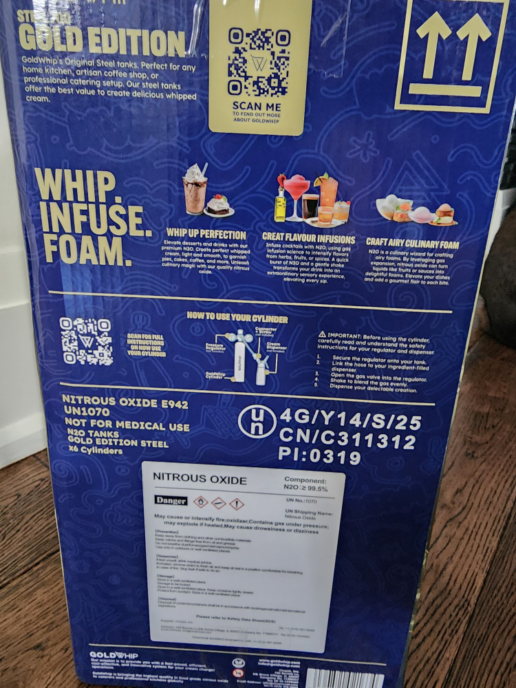 Box of 6. GoldWhip N2O 700 Series  whipped cream charger tanks - photo 5
