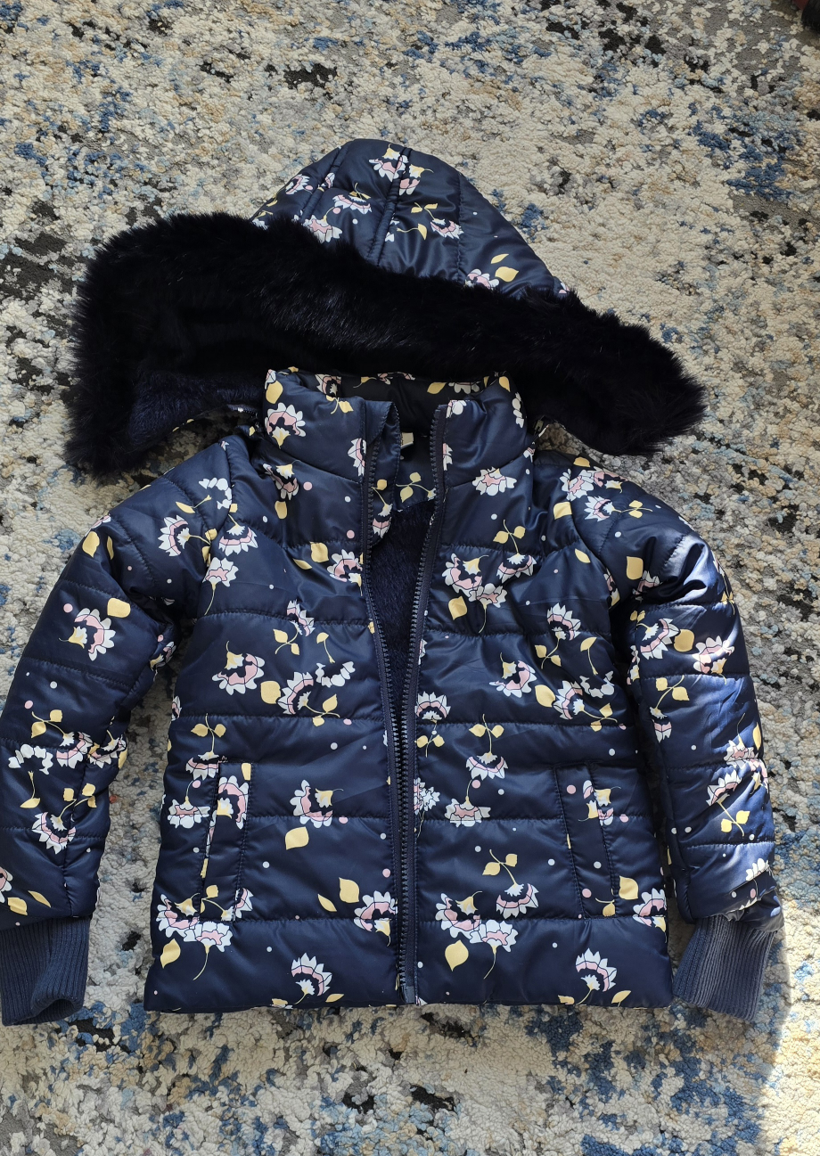 Girls Floral Puffer Jacket with Faux Fur Hood