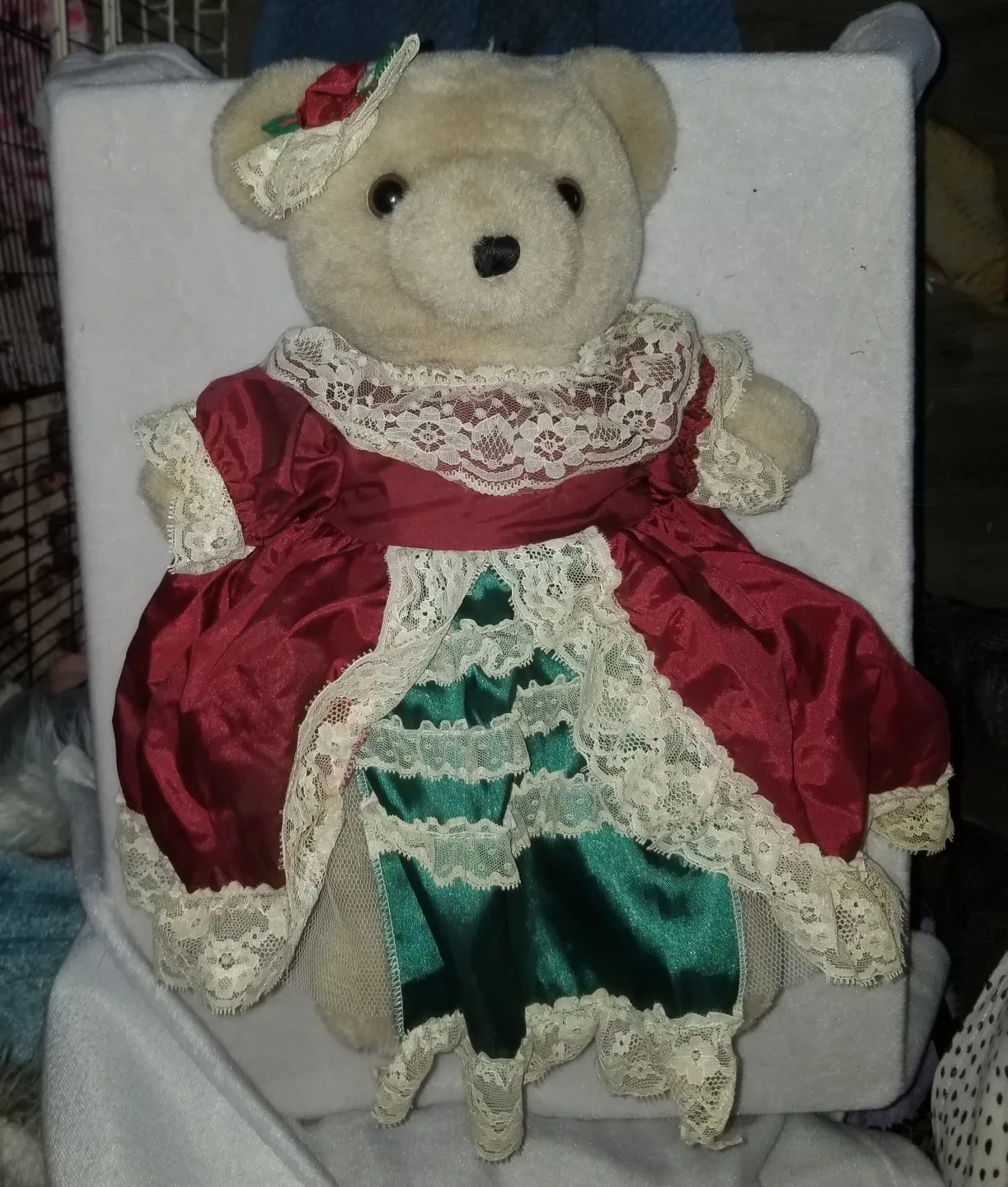 Vintage Teddy Bear in Red and Green Dress thumbnail