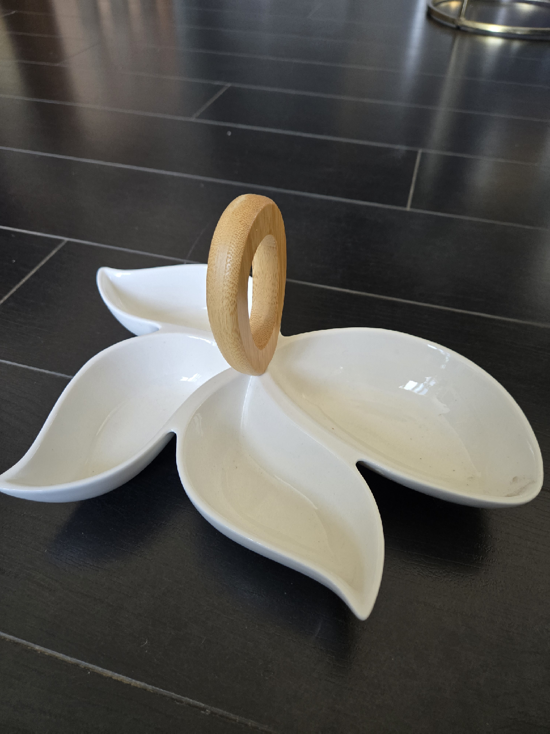 White Ceramic Serving Dish with Wood Handle