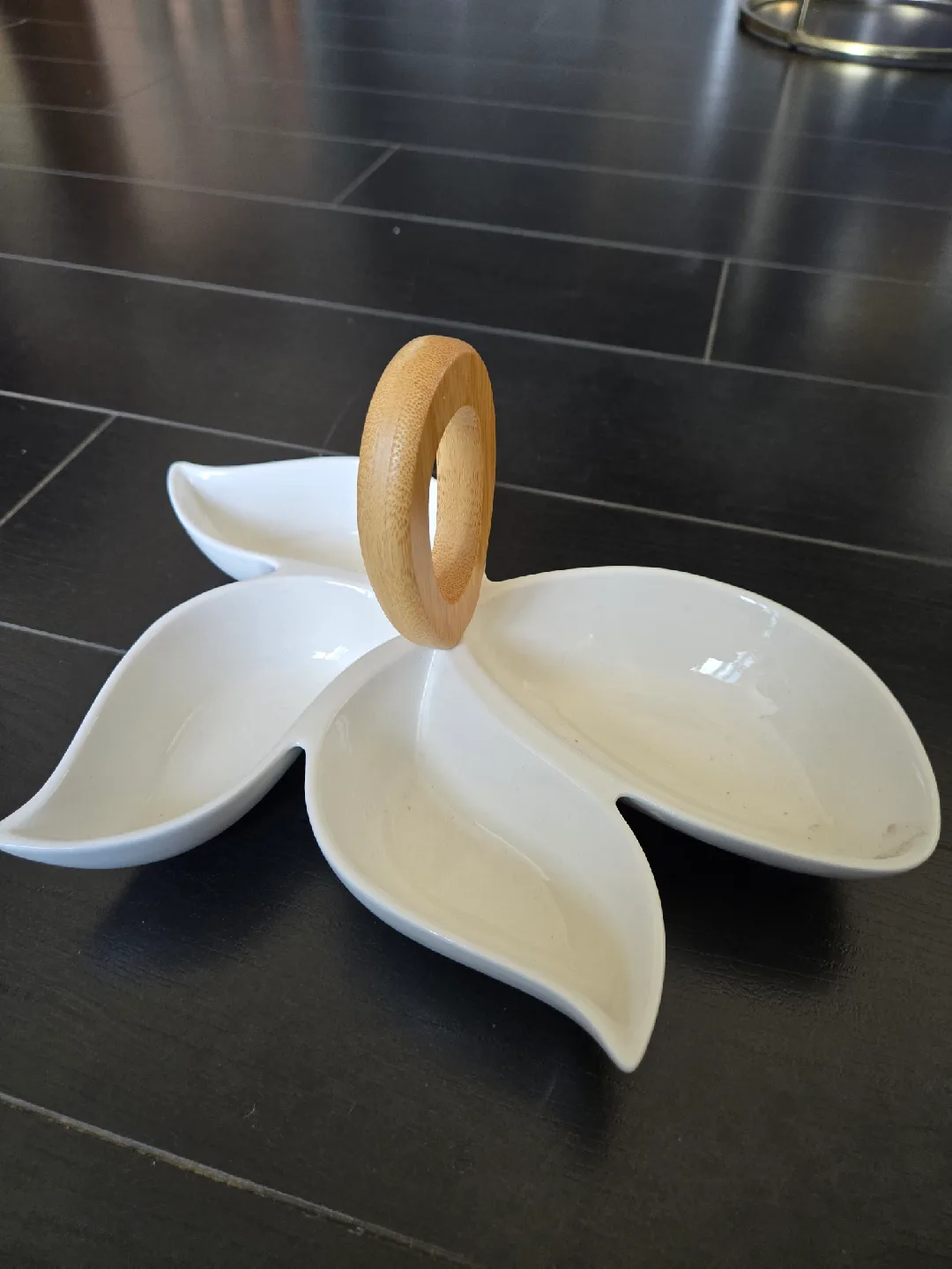 White Ceramic Serving Dish with Wood Handle