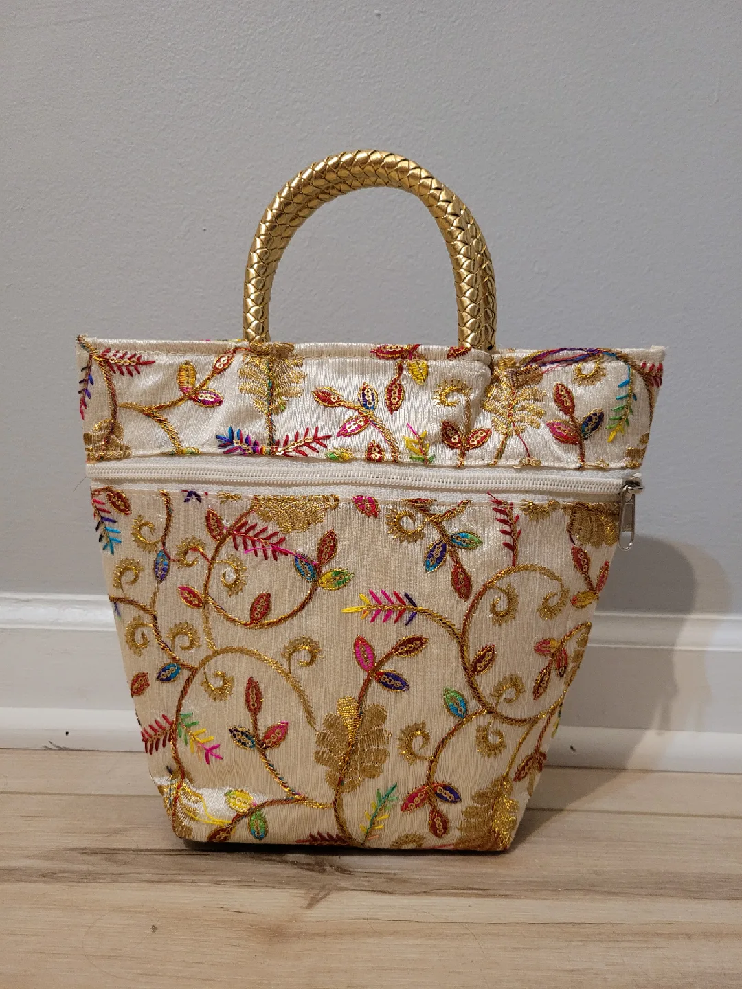 Embroidered Floral Handbag with Gold Handles thumbnail