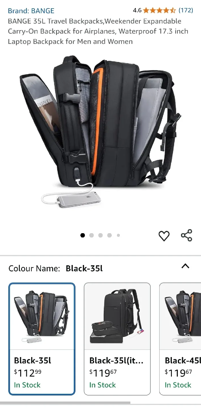 BANGE 35L Travel Backpack - Black thumbnail