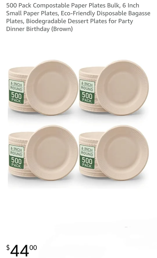 500 Pack Compostable Paper Plates - 6 Inch thumbnail