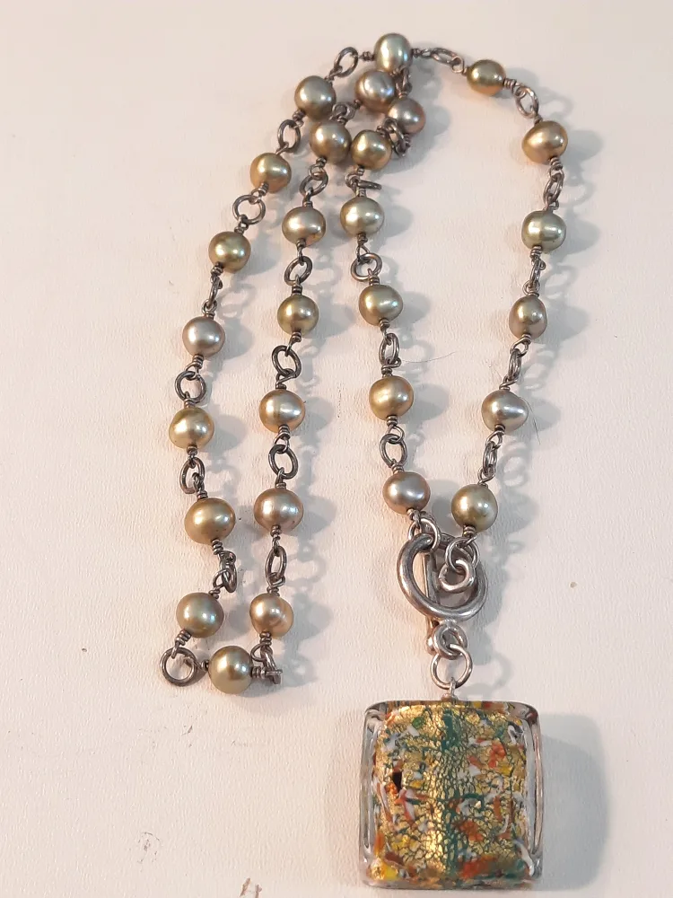 Handmade Pearl Necklace 925 silver closings with Glass Pendant image indicator(2)