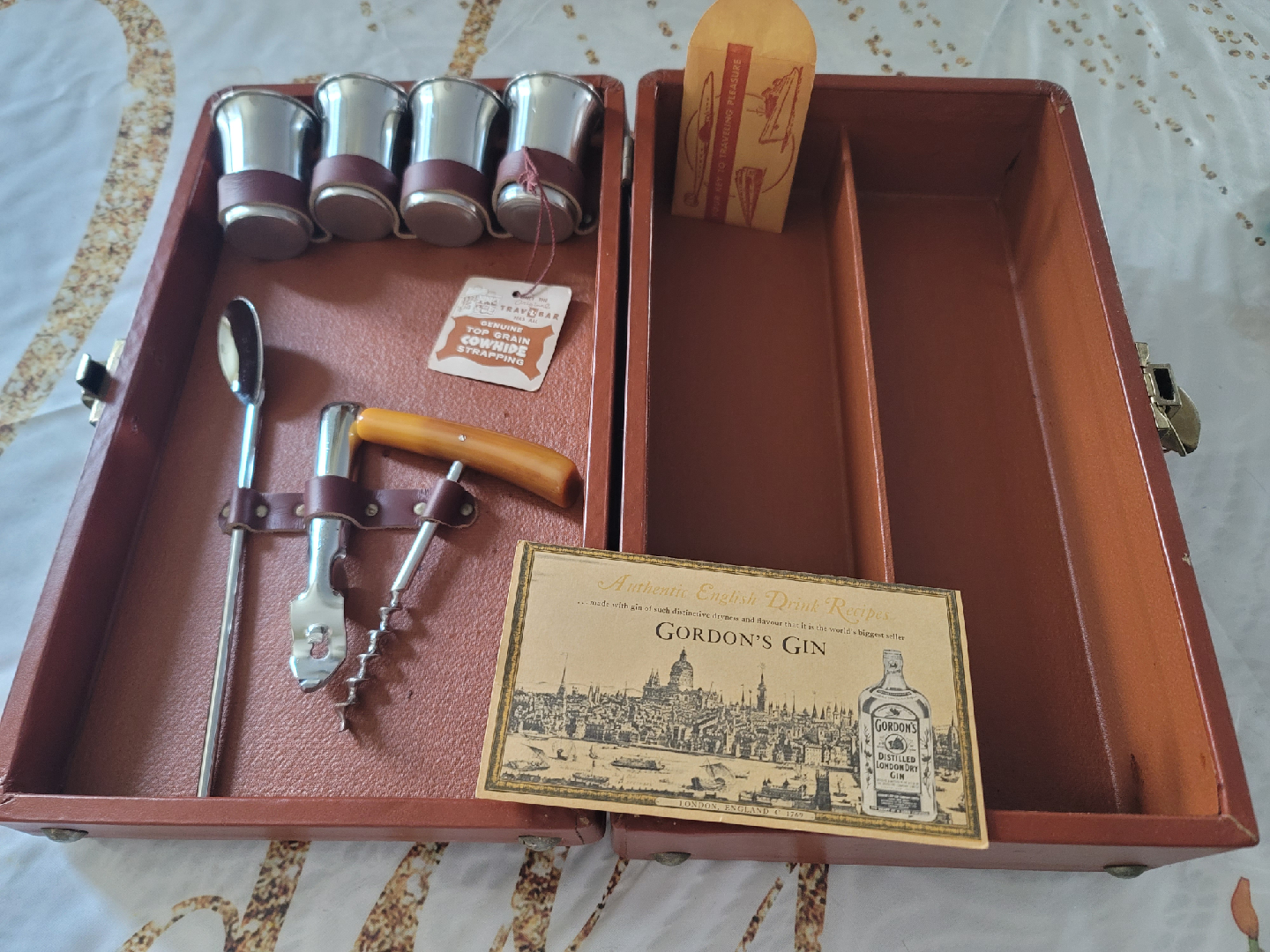 Vintage Gordon's Gin Bar Set with Cowhide Case