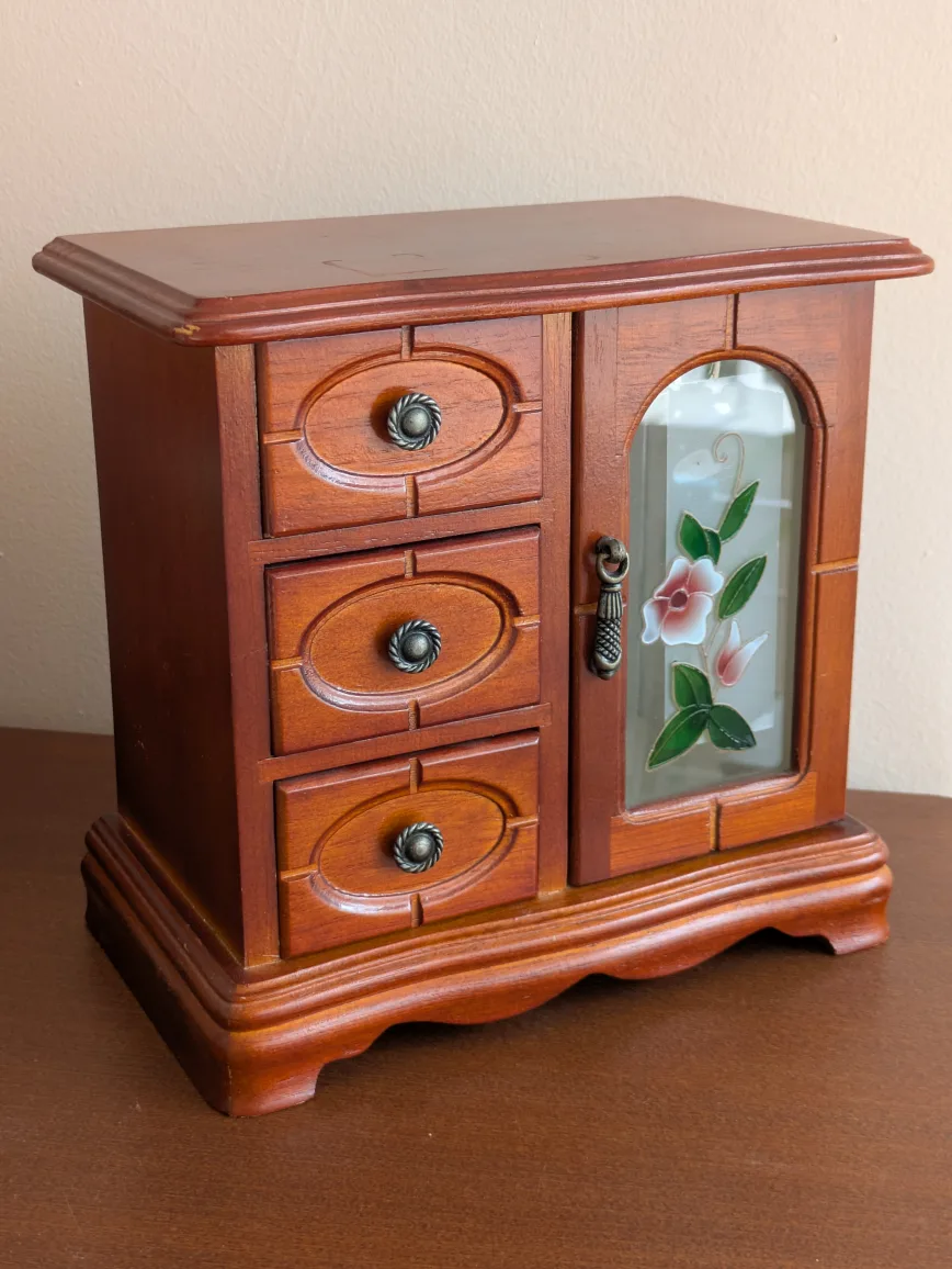 Wooden Jewelry Box with Drawers and Floral Glass Door✨ thumbnail