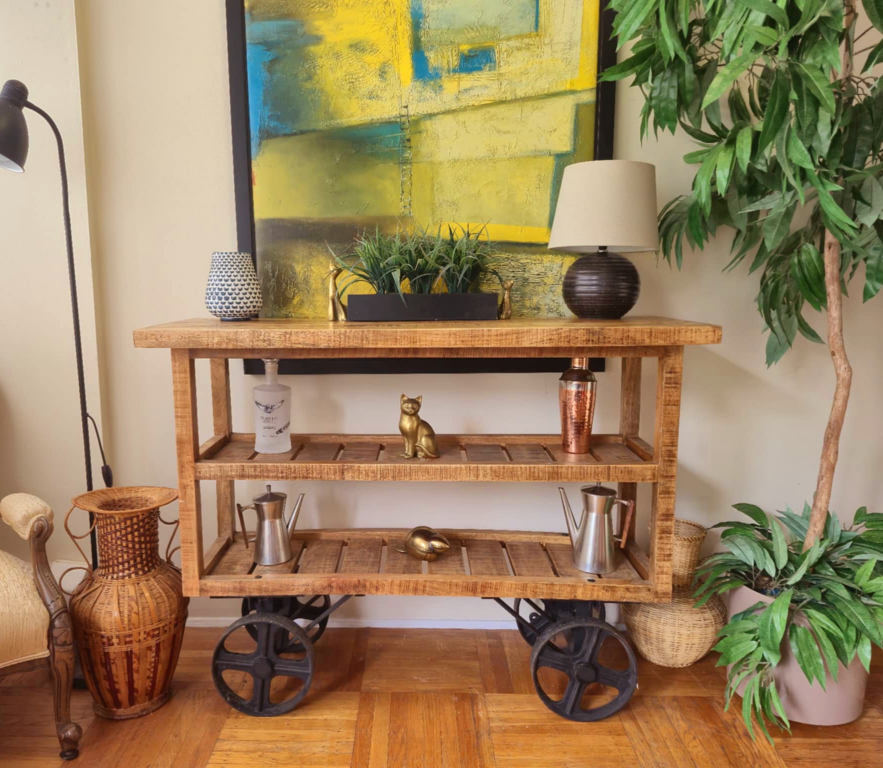 New Solid Mango Wood Console Table With Steel Wagon Wheels - photo 4