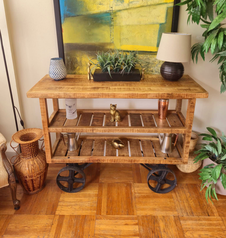 New Solid Mango Wood Console Table With Steel Wagon Wheels - photo 5