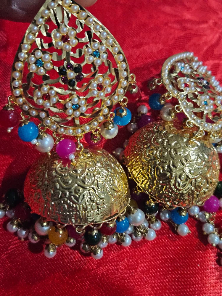 Gold Jhumka Earrings Tikka necklace setHand made ptra Jewellery thumbnail