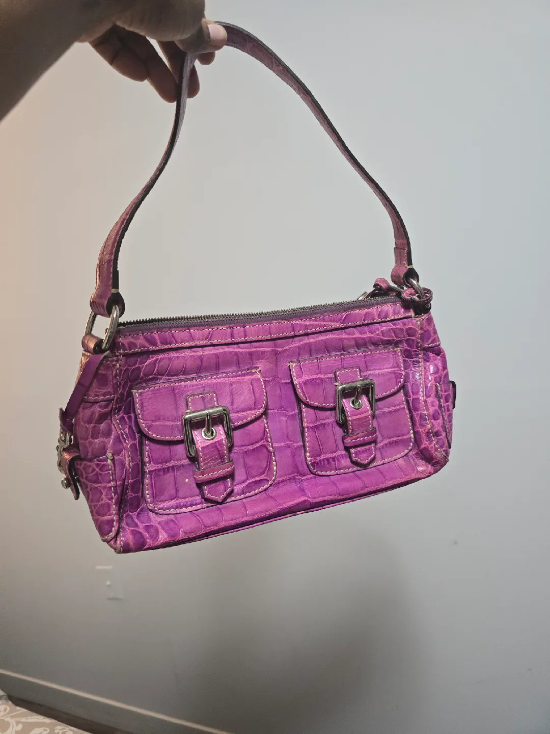 Croc Embossed Purple Leather Satchel Shoulder Bag image indicator(2)