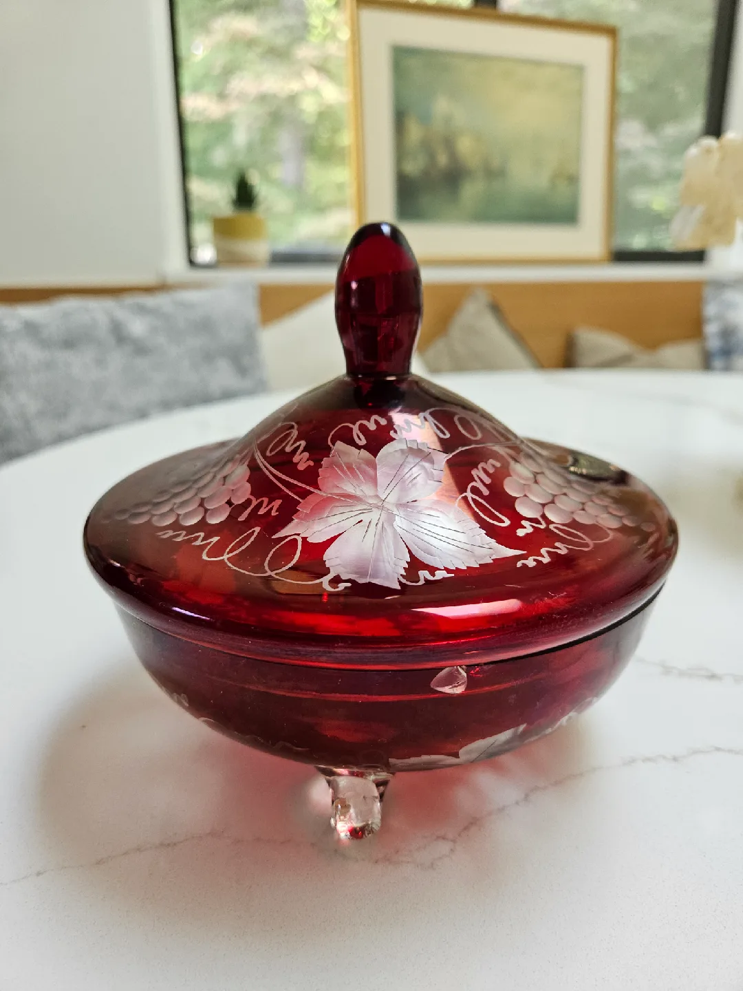 Red Glass Candy Dish with Lid image indicator(2)