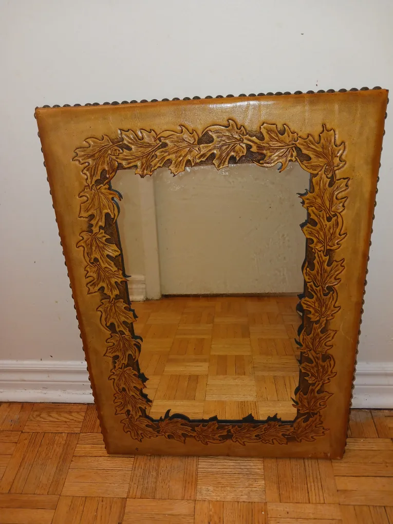 Leather Framed Mirror with Leaf Design thumbnail
