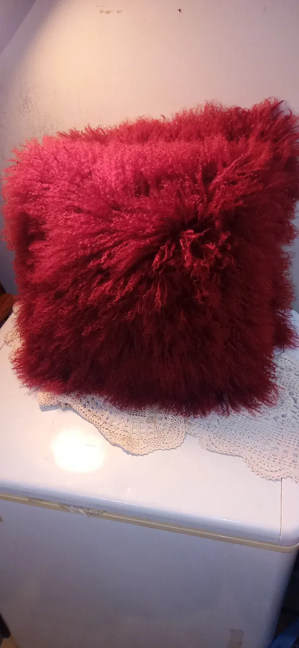 Mongolian Real lamb skin shag ruby red Throw Pillows image indicator(2)